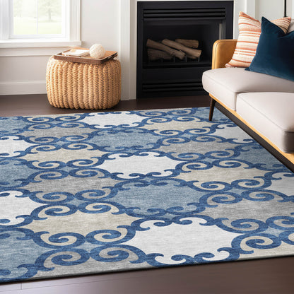 Tabselect Home Line 8' X 10' Navy Blue Gray And Ivory Trellis Washable Indoor Outdoor Area Rug
