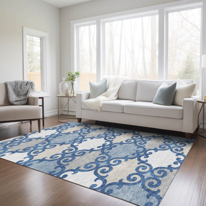 Tabselect Home Line 8' X 10' Navy Blue Gray And Ivory Trellis Washable Indoor Outdoor Area Rug