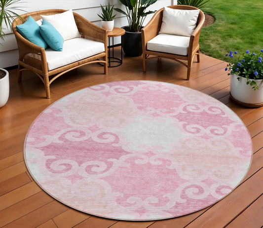 Tabselect Home Line 8' Pink And Gray Round Trellis Washable Indoor Outdoor Area Rug