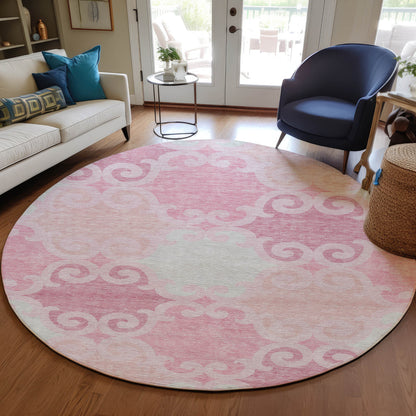 Tabselect Home Line 8' Pink And Gray Round Trellis Washable Indoor Outdoor Area Rug