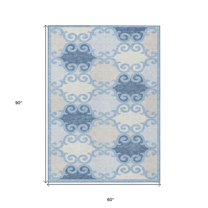 Tabselect Home Line 5' X 8' Sky Blue Gray And Ivory Trellis Washable Indoor Outdoor Area Rug