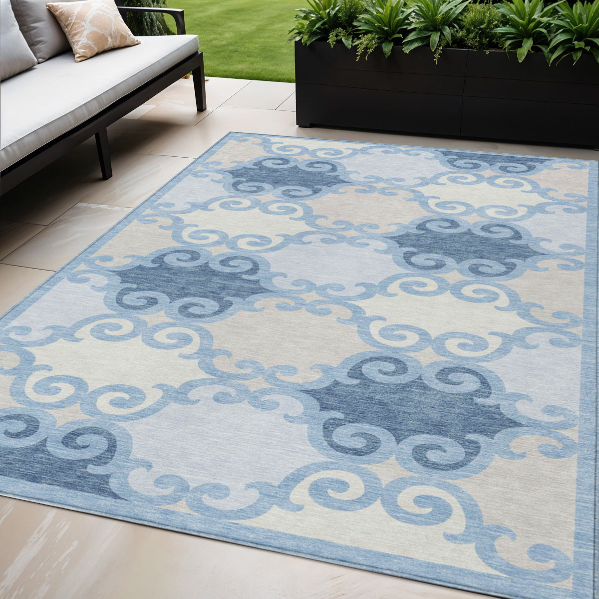 Tabselect Home Line 5' X 8' Sky Blue Gray And Ivory Trellis Washable Indoor Outdoor Area Rug