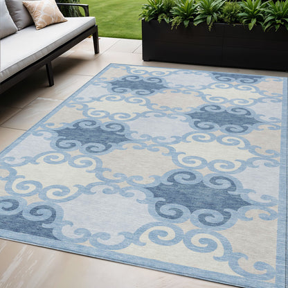Tabselect Home Line 5' X 8' Sky Blue Gray And Ivory Trellis Washable Indoor Outdoor Area Rug