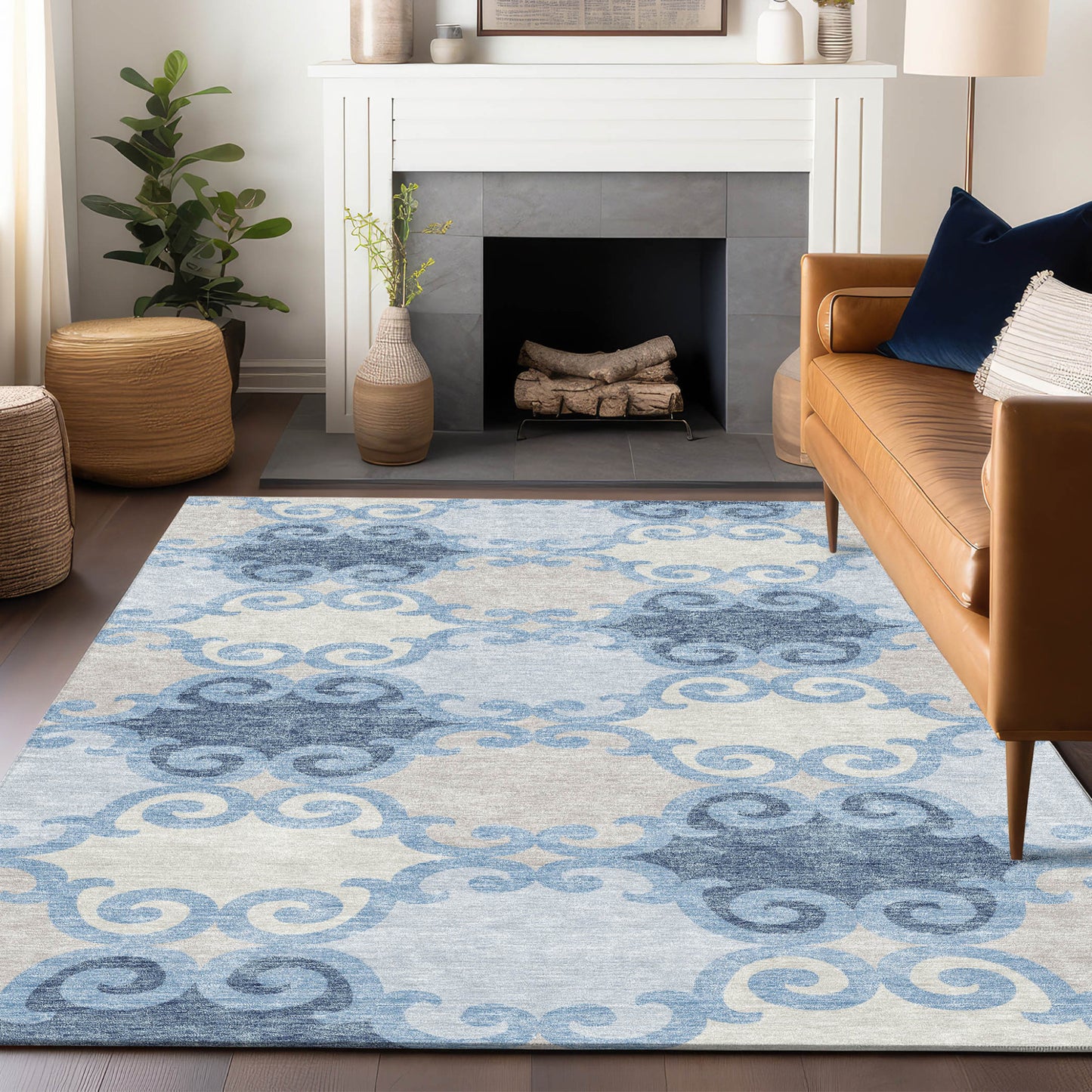 Tabselect Home Line 5' X 8' Sky Blue Gray And Ivory Trellis Washable Indoor Outdoor Area Rug