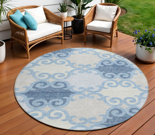 Tabselect Home Line 8' Sky Blue Gray And Ivory Round Trellis Washable Indoor Outdoor Area Rug