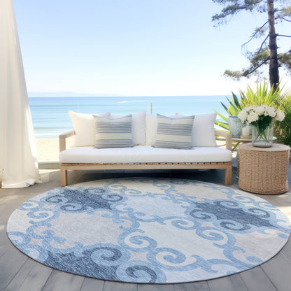 Tabselect Home Line 8' Sky Blue Gray And Ivory Round Trellis Washable Indoor Outdoor Area Rug