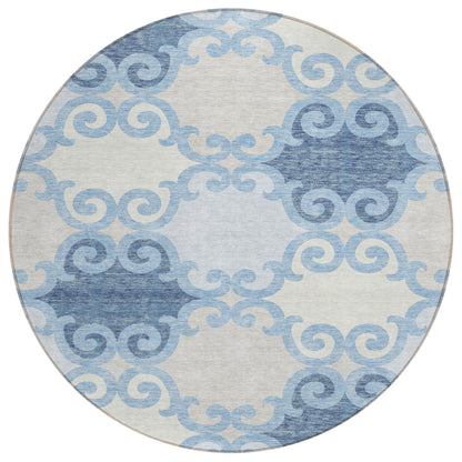 Tabselect Home Line 8' Sky Blue Gray And Ivory Round Trellis Washable Indoor Outdoor Area Rug