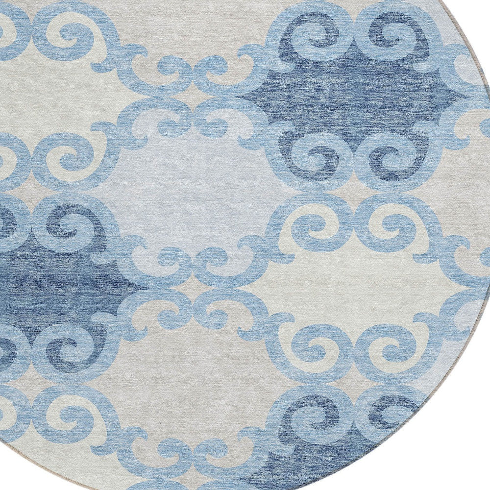 Tabselect Home Line 8' Sky Blue Gray And Ivory Round Trellis Washable Indoor Outdoor Area Rug
