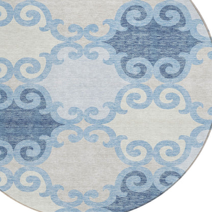 Tabselect Home Line 8' Sky Blue Gray And Ivory Round Trellis Washable Indoor Outdoor Area Rug