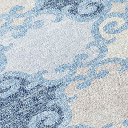 Tabselect Home Line 8' Sky Blue Gray And Ivory Round Trellis Washable Indoor Outdoor Area Rug