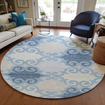 Tabselect Home Line 8' Sky Blue Gray And Ivory Round Trellis Washable Indoor Outdoor Area Rug