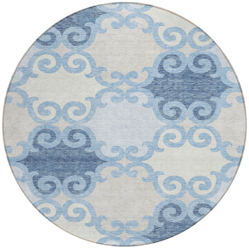 Tabselect Home Line 8' Sky Blue Gray And Ivory Round Trellis Washable Indoor Outdoor Area Rug