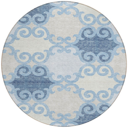 Tabselect Home Line 8' Sky Blue Gray And Ivory Round Trellis Washable Indoor Outdoor Area Rug