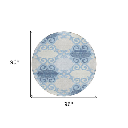 Tabselect Home Line 8' Sky Blue Gray And Ivory Round Trellis Washable Indoor Outdoor Area Rug