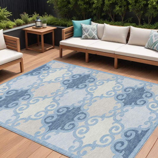 Tabselect Home Line 8' X 10' Sky Blue Gray And Ivory Trellis Washable Indoor Outdoor Area Rug
