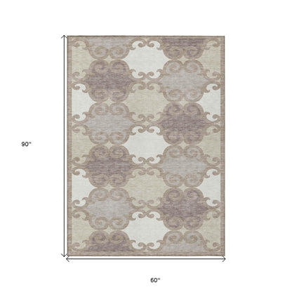 Tabselect Home Line 5' X 8' Taupe Beige And Gray Trellis Washable Indoor Outdoor Area Rug
