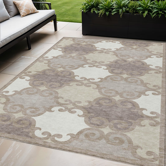 Tabselect Home Line 5' X 8' Taupe Beige And Gray Trellis Washable Indoor Outdoor Area Rug