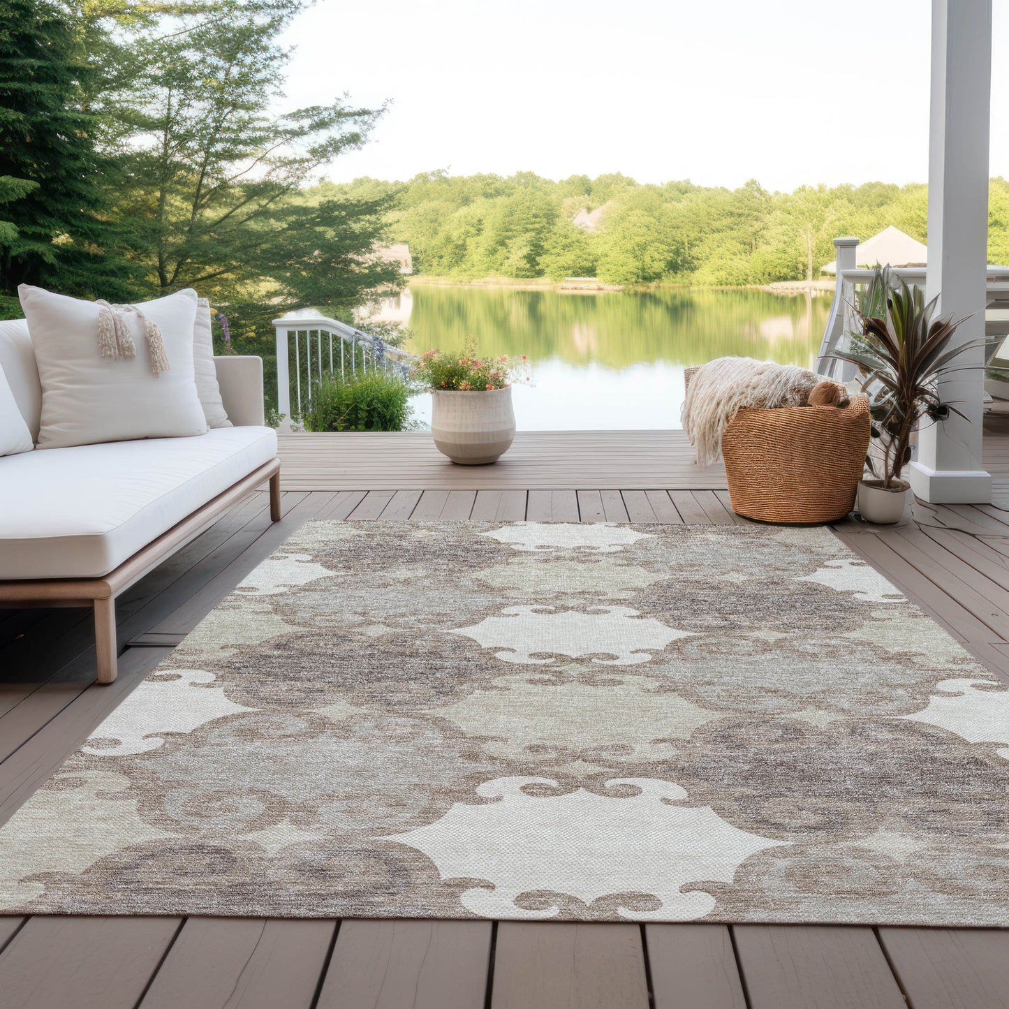 Tabselect Home Line 5' X 8' Taupe Beige And Gray Trellis Washable Indoor Outdoor Area Rug