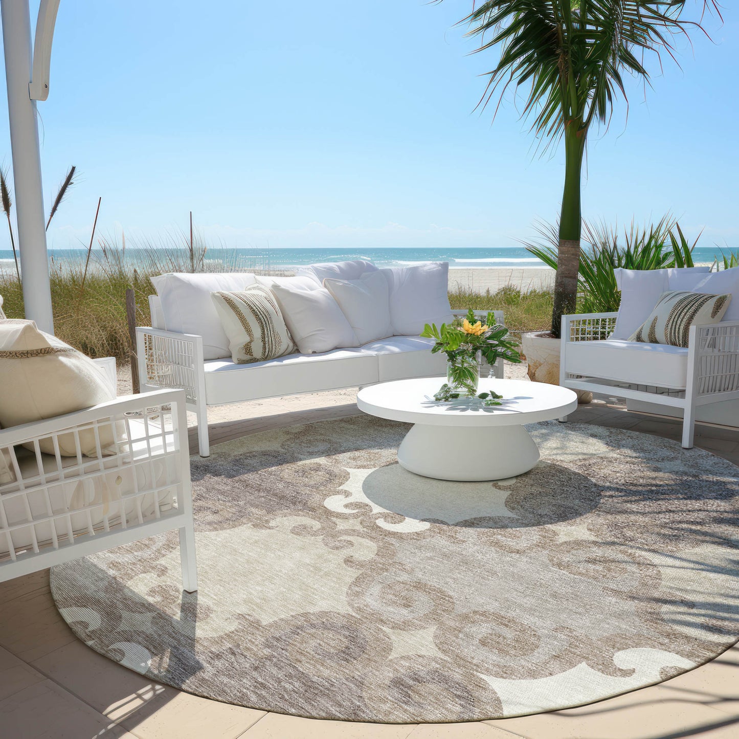 Tabselect Home Line 8' Taupe Beige And Gray Round Trellis Washable Indoor Outdoor Area Rug