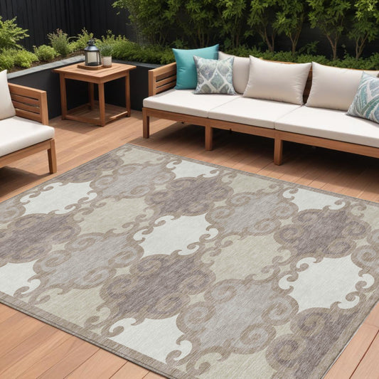 Tabselect Home Line 8' X 10' Taupe Beige And Gray Trellis Washable Indoor Outdoor Area Rug
