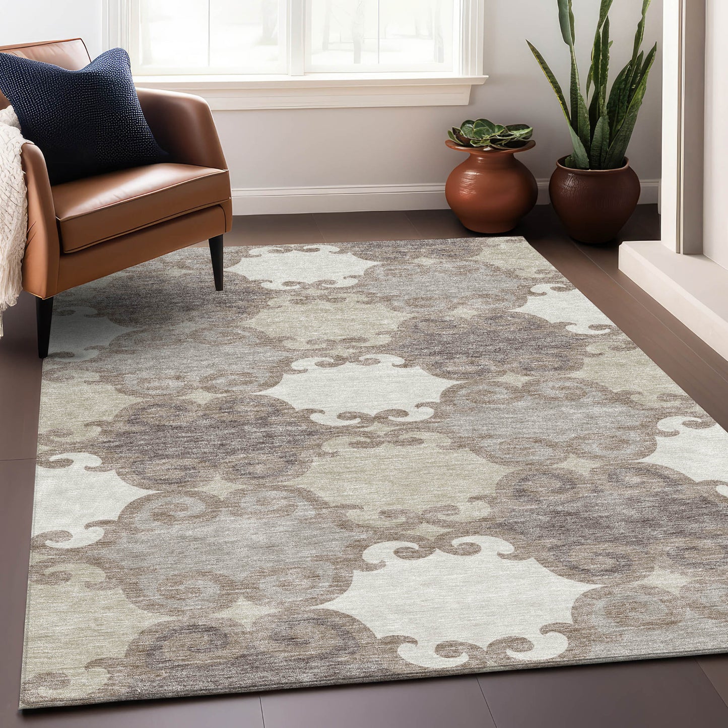 Tabselect Home Line 8' X 10' Taupe Beige And Gray Trellis Washable Indoor Outdoor Area Rug