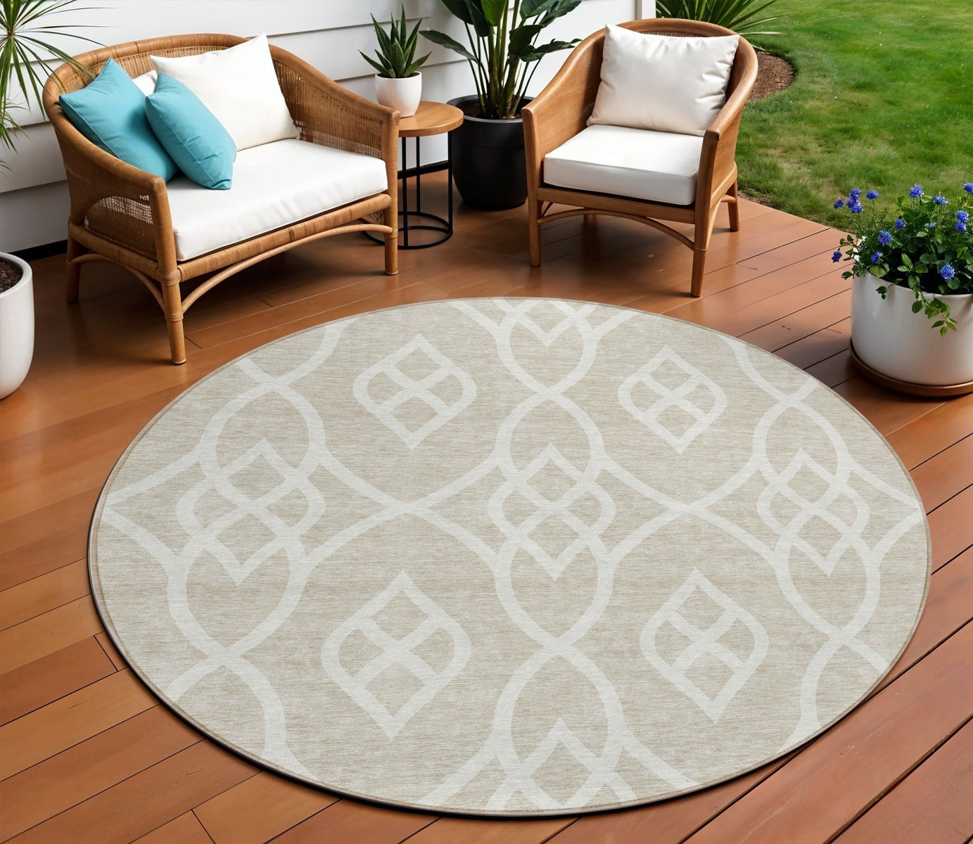 Tabselect Home Line 8' Beige And Ivory Round Trellis Washable Indoor Outdoor Area Rug