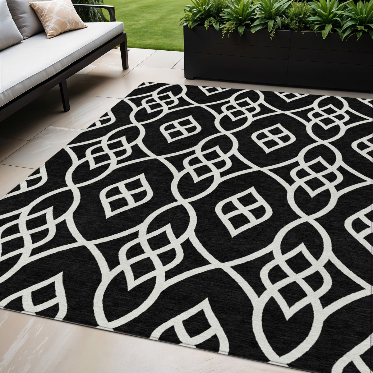 Tabselect Home Line 5' X 8' Black And Ivory Trellis Washable Indoor Outdoor Area Rug