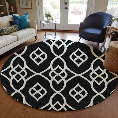 Tabselect Home Line 8' Black And Ivory Round Trellis Washable Indoor Outdoor Area Rug