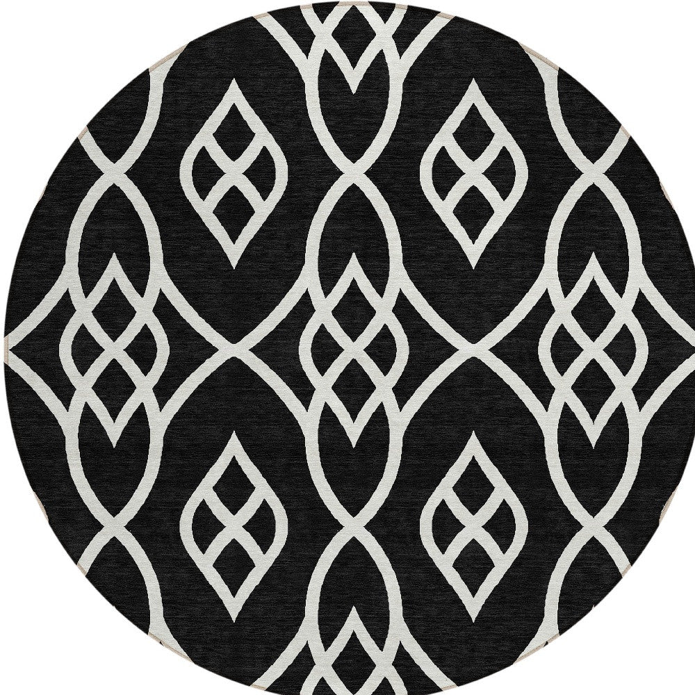 Tabselect Home Line 8' Black And Ivory Round Trellis Washable Indoor Outdoor Area Rug