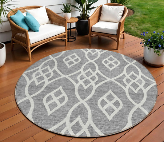 Tabselect Home Line 8' Gray And Ivory Round Trellis Washable Indoor Outdoor Area Rug