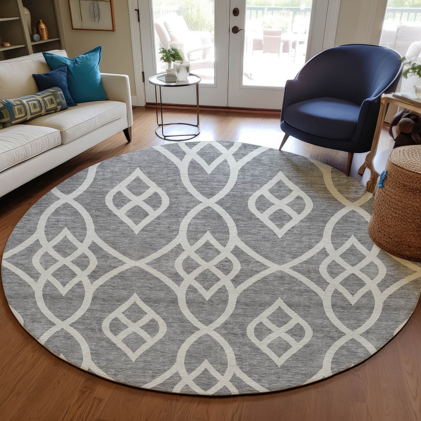 Tabselect Home Line 8' Gray And Ivory Round Trellis Washable Indoor Outdoor Area Rug