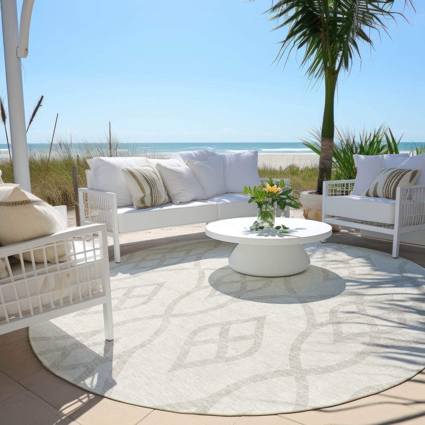 Tabselect Home Line 8' Ivory And Gray Round Trellis Washable Indoor Outdoor Area Rug