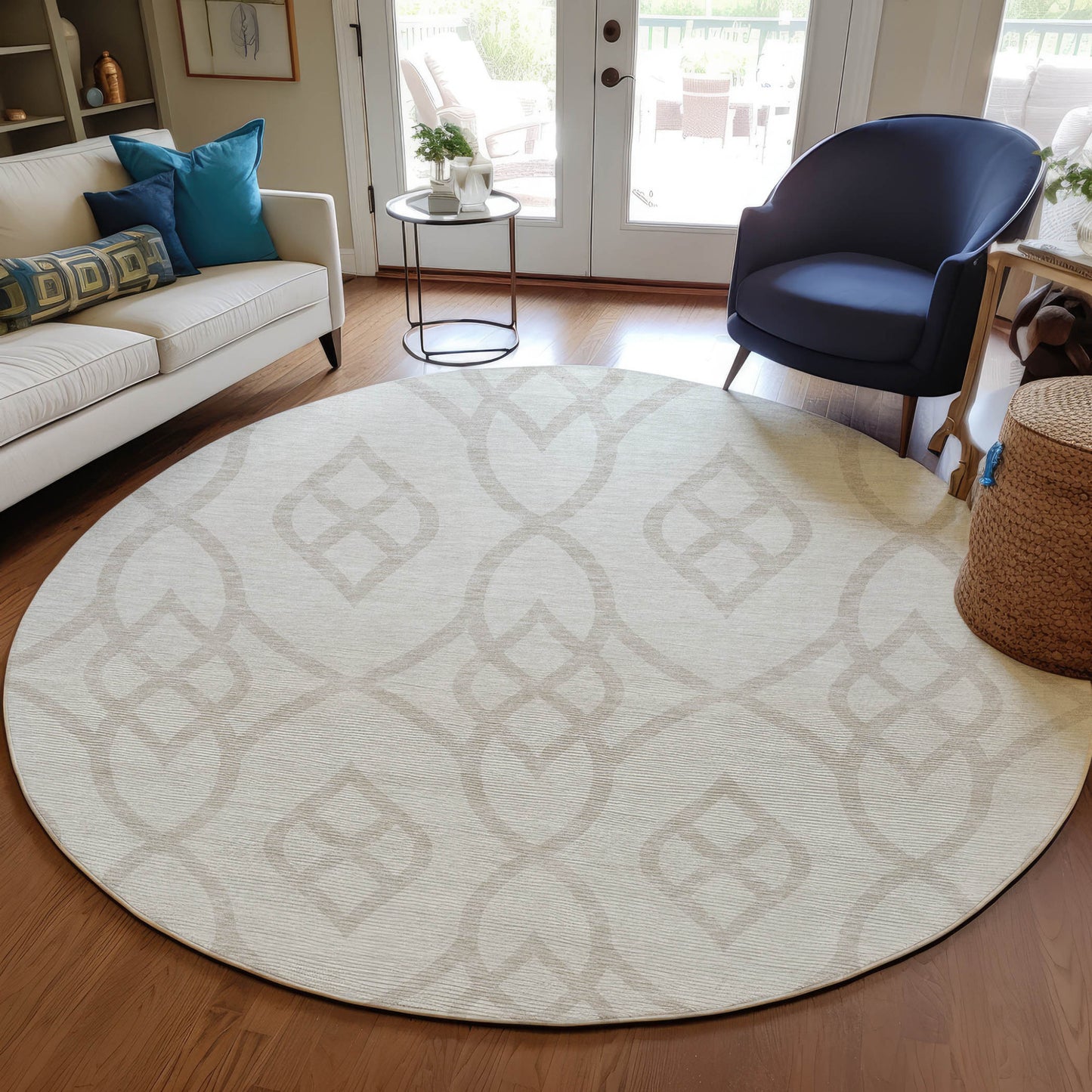 Tabselect Home Line 8' Ivory And Gray Round Trellis Washable Indoor Outdoor Area Rug