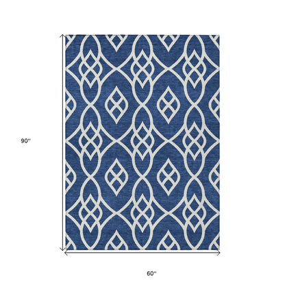 Tabselect Home Line 5' X 8' Navy Blue And Ivory Trellis Washable Indoor Outdoor Area Rug