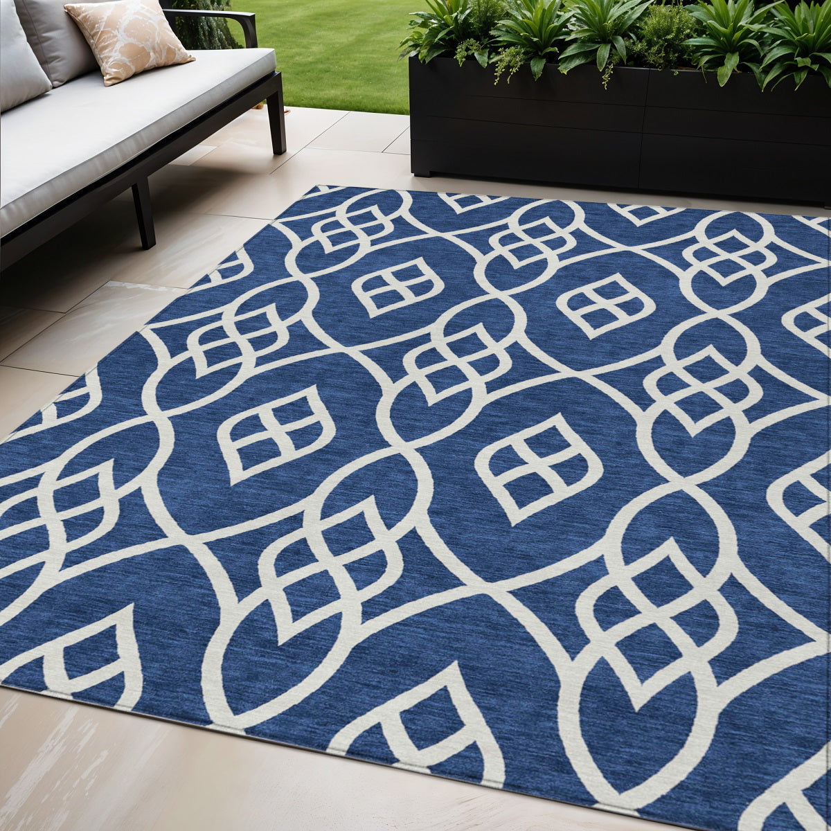 Tabselect Home Line 5' X 8' Navy Blue And Ivory Trellis Washable Indoor Outdoor Area Rug