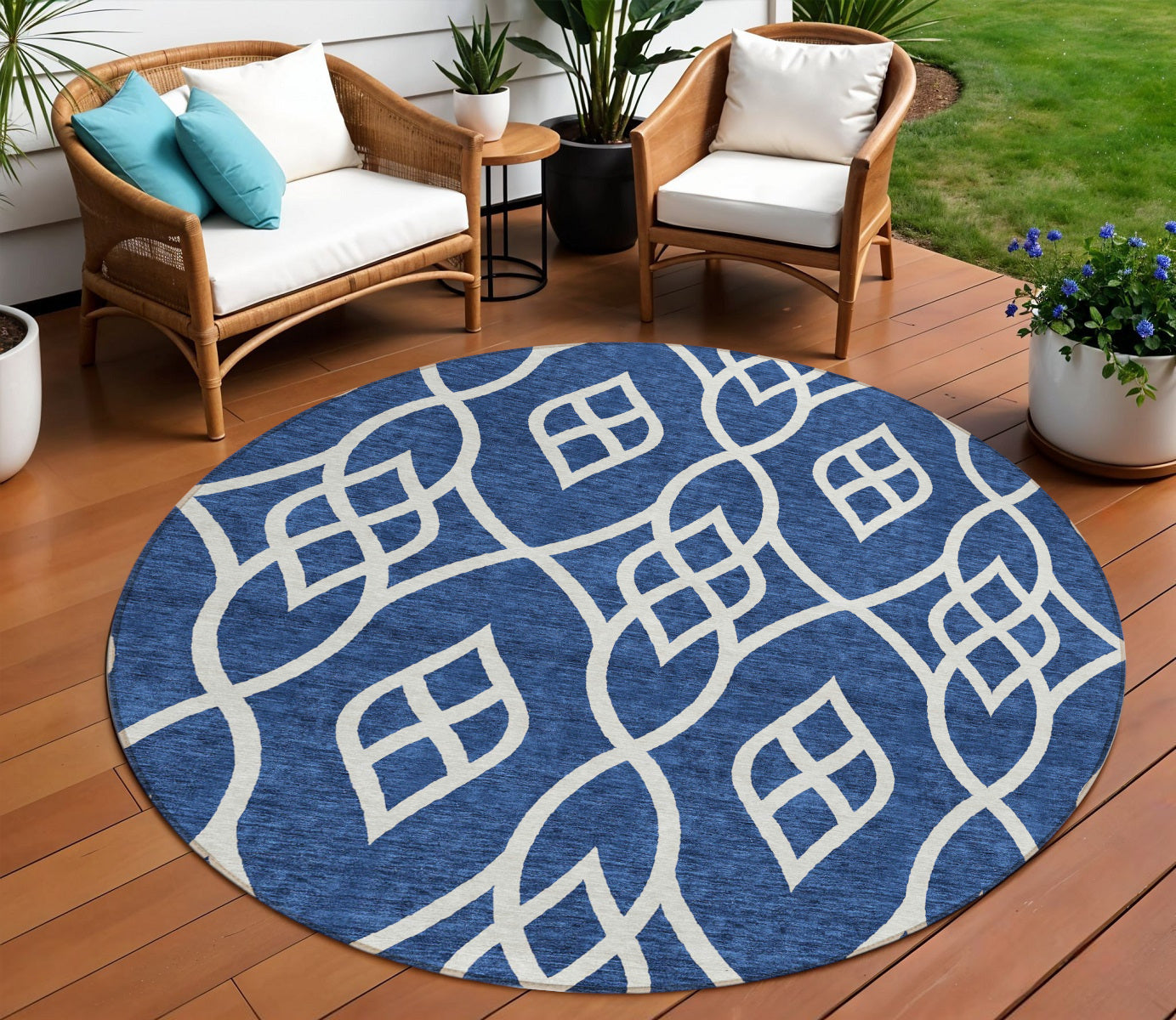 Tabselect Home Line 8' Navy Blue And Ivory Round Trellis Washable Indoor Outdoor Area Rug