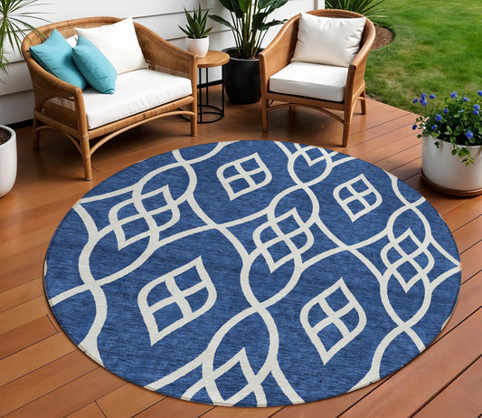 Tabselect Home Line 8' Navy Blue And Ivory Round Trellis Washable Indoor Outdoor Area Rug