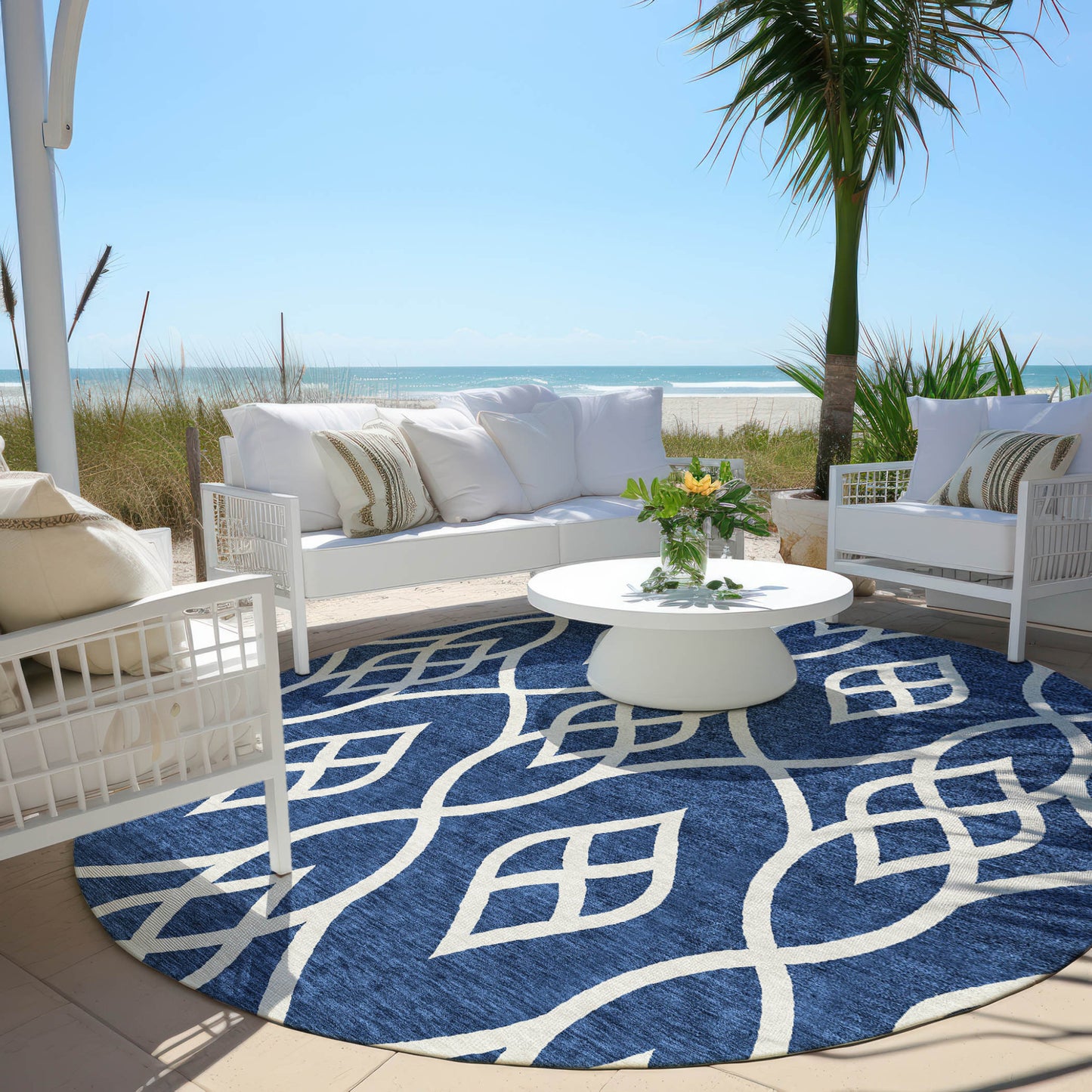 Tabselect Home Line 8' Navy Blue And Ivory Round Trellis Washable Indoor Outdoor Area Rug