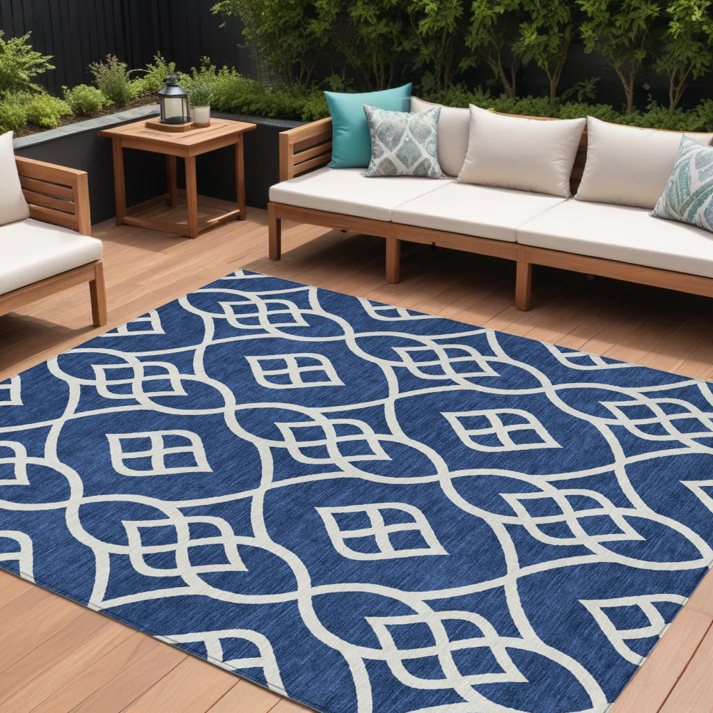 Tabselect Home Line 8' X 10' Navy Blue And Ivory Trellis Washable Indoor Outdoor Area Rug