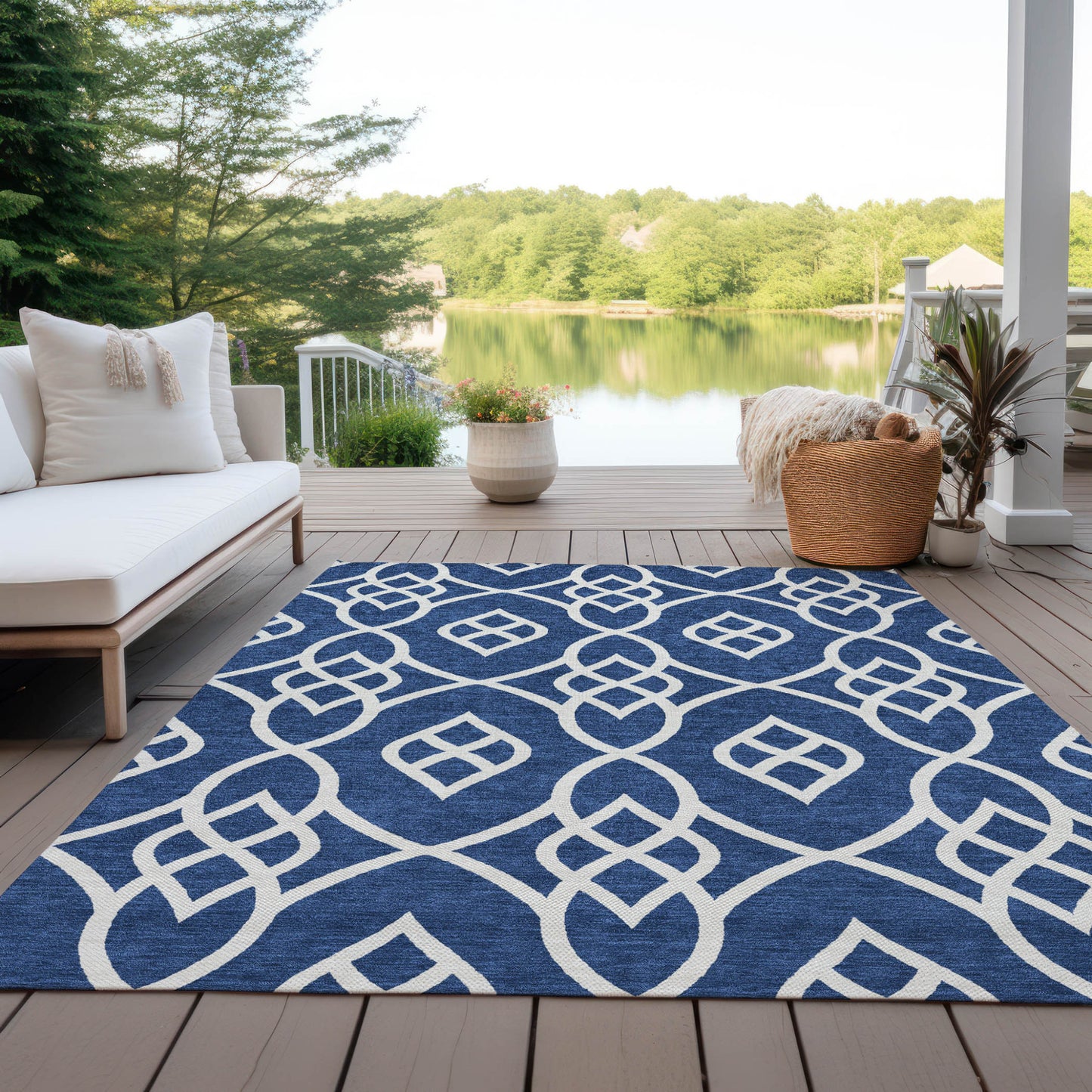 Tabselect Home Line 8' X 10' Navy Blue And Ivory Trellis Washable Indoor Outdoor Area Rug