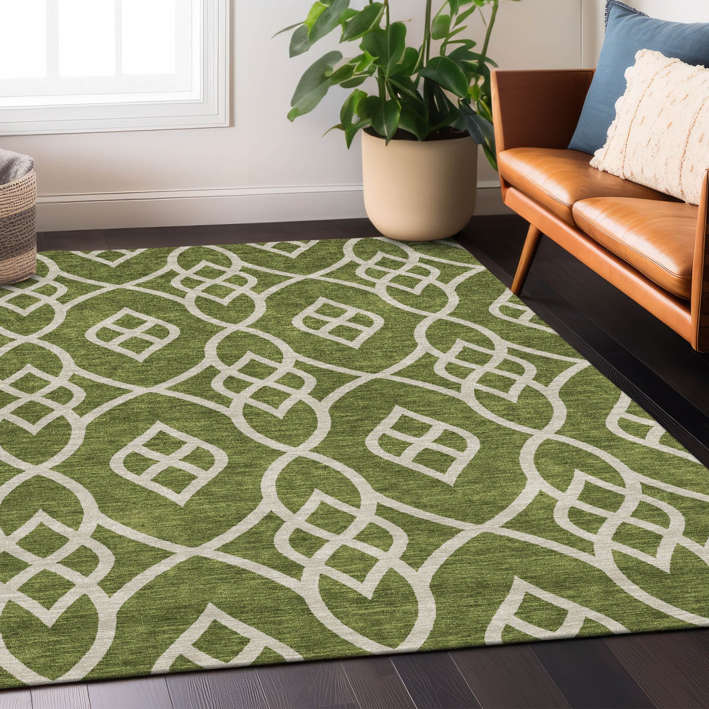Tabselect Home Line 5' X 8' Olive Green And Ivory Trellis Washable Indoor Outdoor Area Rug