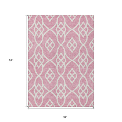 Tabselect Home Line 5' X 8' Pink And Ivory Trellis Washable Indoor Outdoor Area Rug