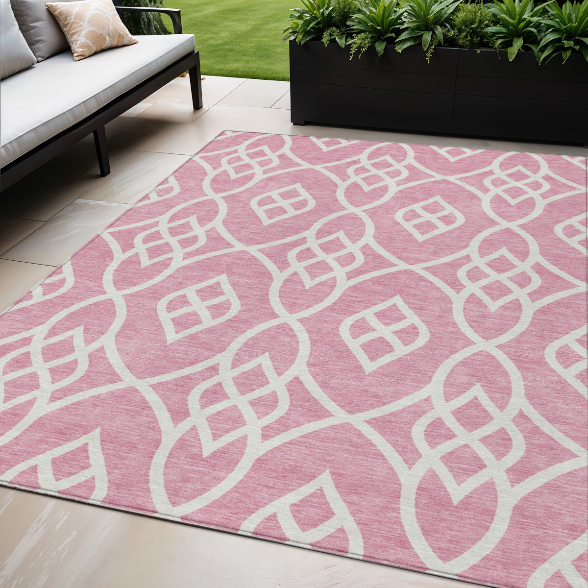 Tabselect Home Line 5' X 8' Pink And Ivory Trellis Washable Indoor Outdoor Area Rug