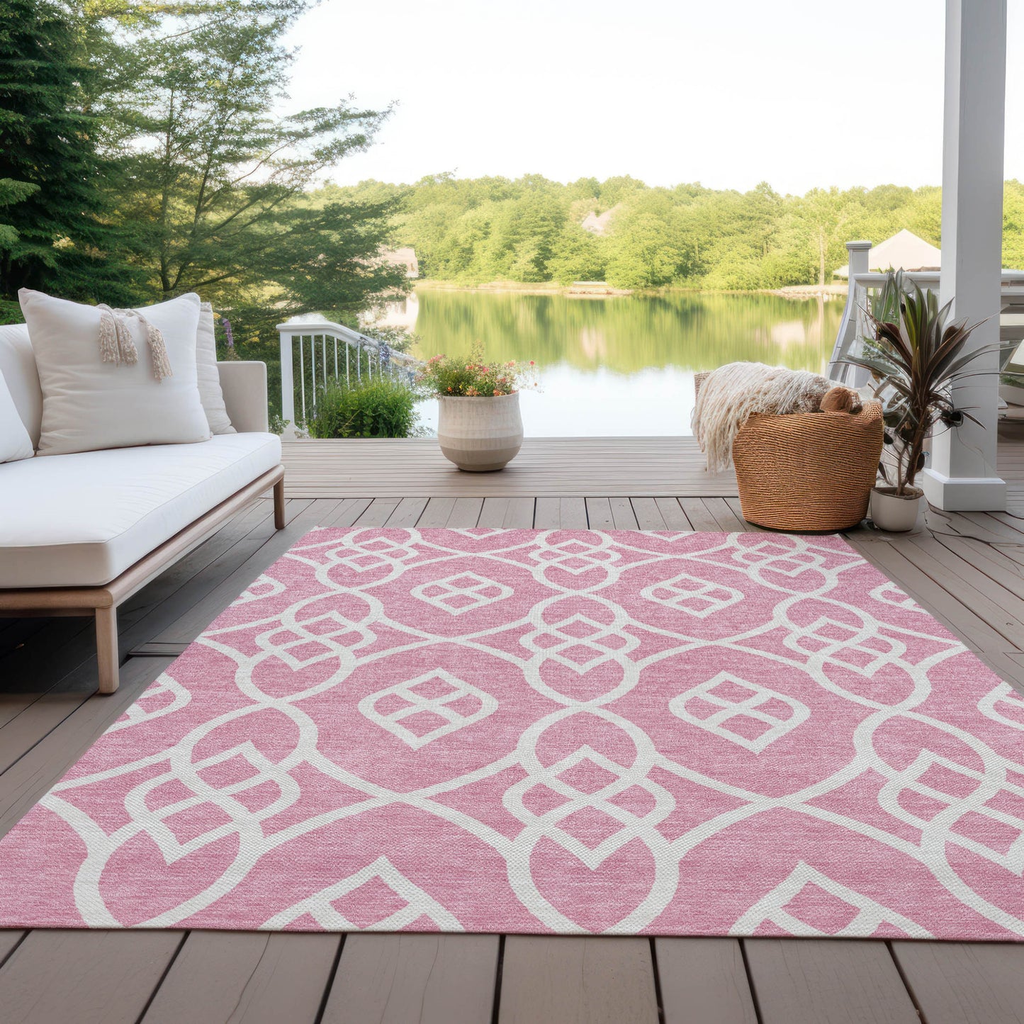 Tabselect Home Line 5' X 8' Pink And Ivory Trellis Washable Indoor Outdoor Area Rug