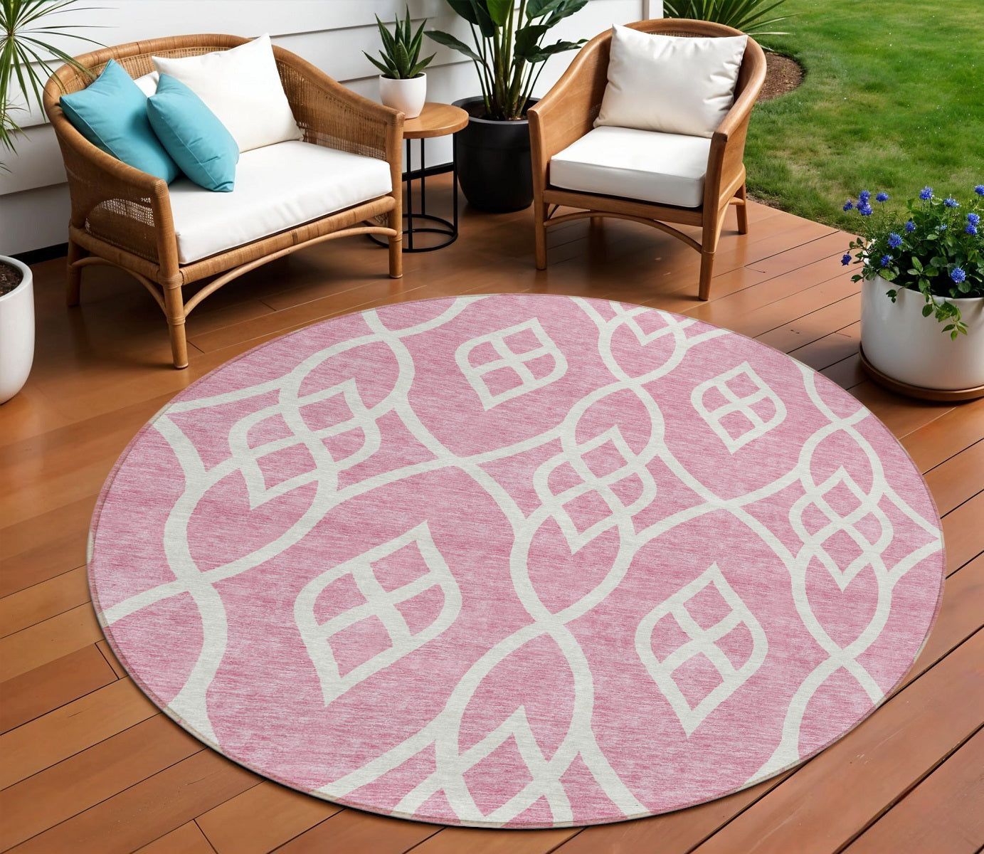 Tabselect Home Line 8' Pink And Ivory Round Trellis Washable Indoor Outdoor Area Rug