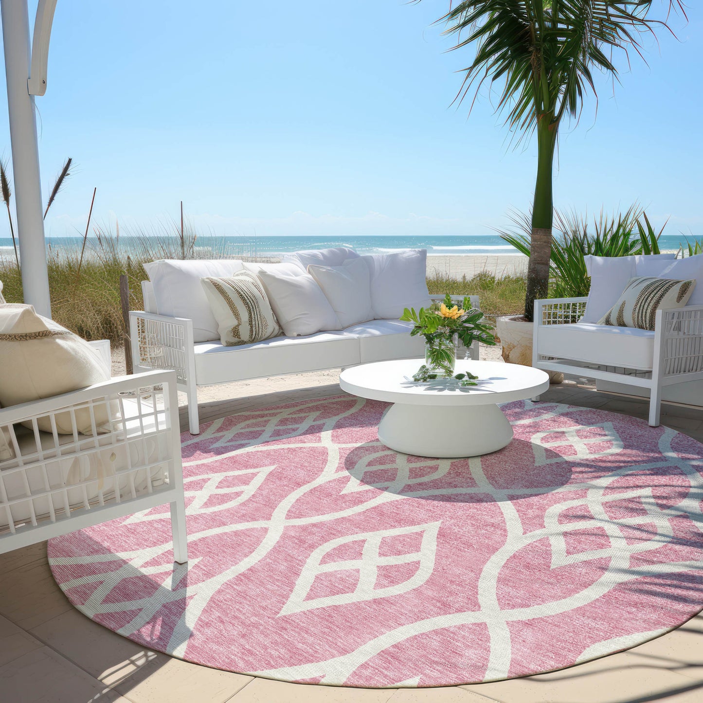 Tabselect Home Line 8' Pink And Ivory Round Trellis Washable Indoor Outdoor Area Rug