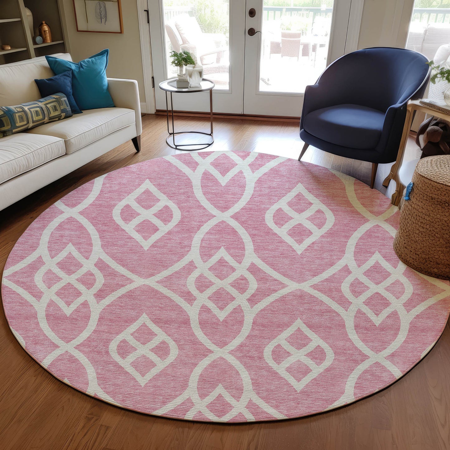 Tabselect Home Line 8' Pink And Ivory Round Trellis Washable Indoor Outdoor Area Rug