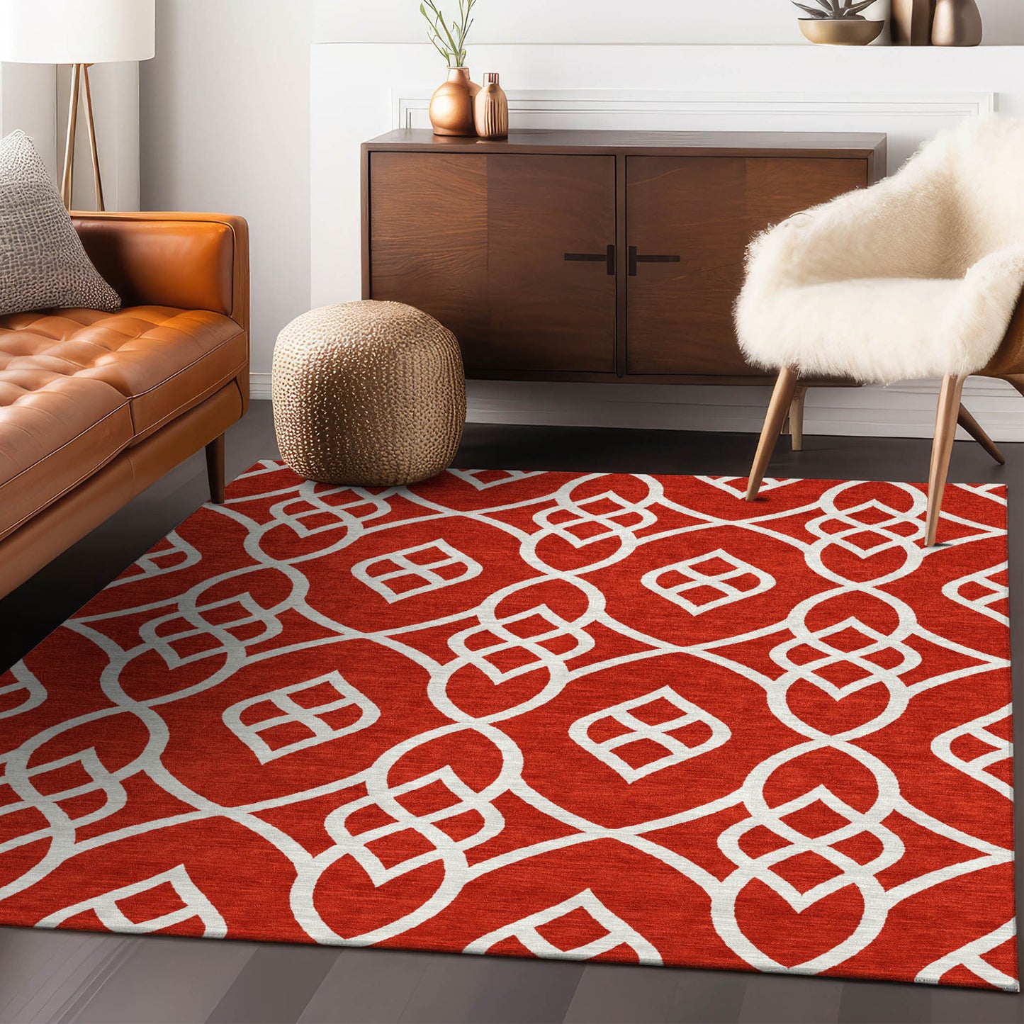 Tabselect Home Line 5' X 8' Red And Ivory Trellis Washable Indoor Outdoor Area Rug