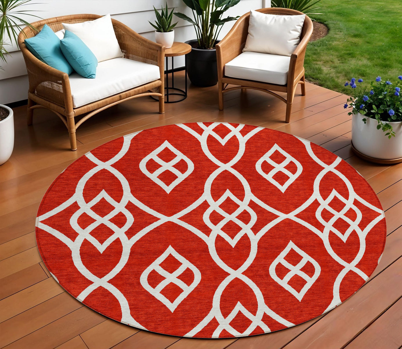 Tabselect Home Line 8' Red And Ivory Round Trellis Washable Indoor Outdoor Area Rug