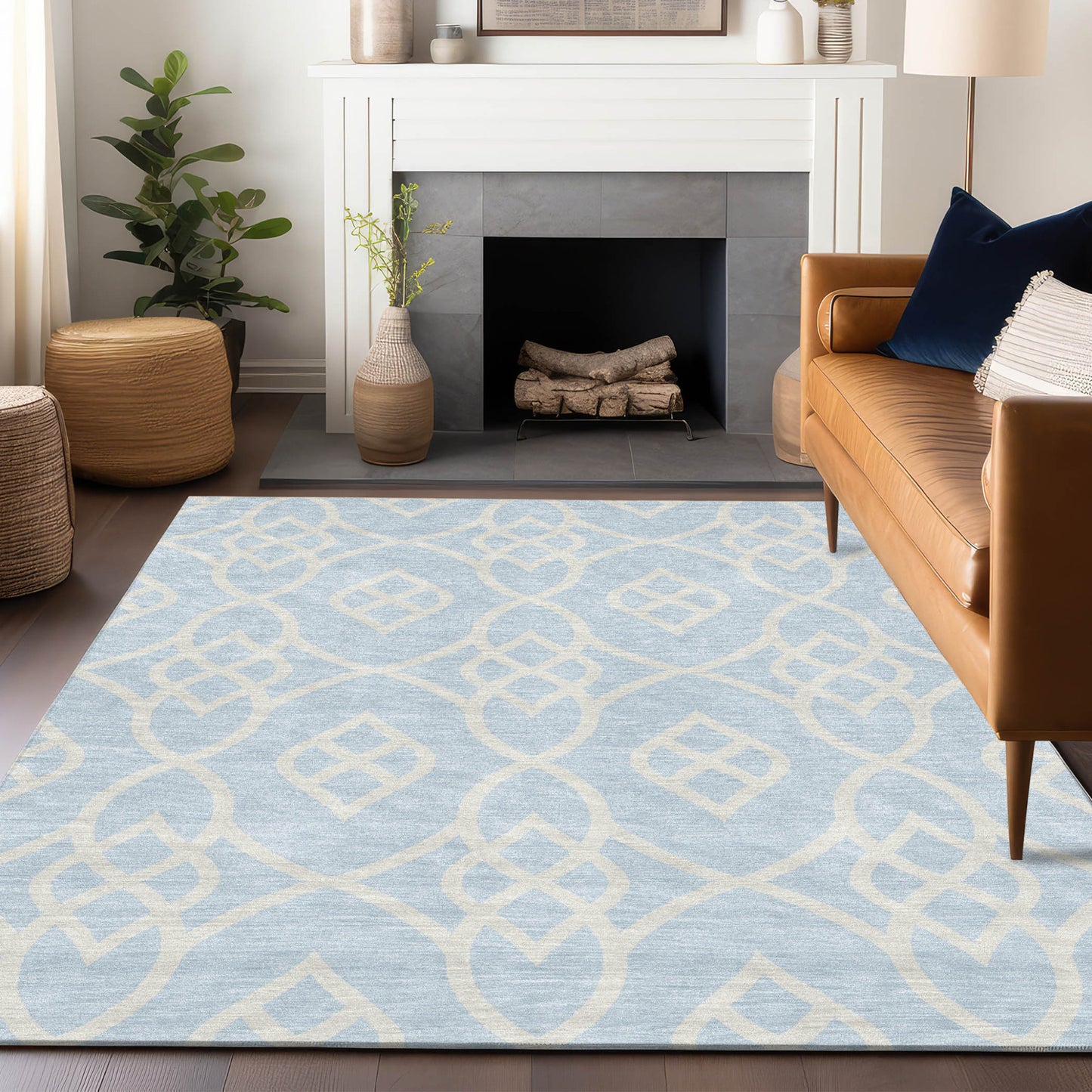 Tabselect Home Line 5' X 8' Sky Blue And Ivory Trellis Washable Indoor Outdoor Area Rug